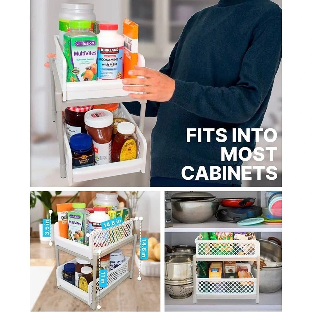 Skywin‎ 2-Tier Sliding Cabinet Pull Out Organizer, White Plastic Storage Drawers